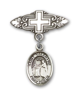 Pin Badge with St. Valentine of Rome Charm and Badge Pin with Cross - Silver tone