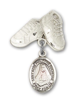 Pin Badge with St. Rose Philippine Charm and Baby Boots Pin - Silver tone