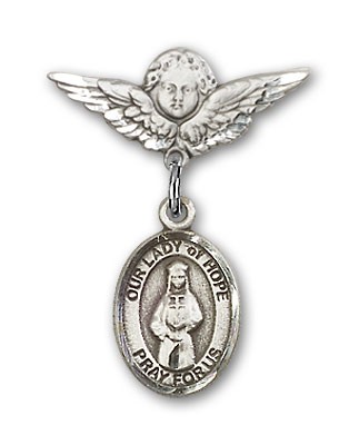 Pin Badge with Our Lady of Hope Charm and Angel with Smaller Wings Badge Pin - Silver tone
