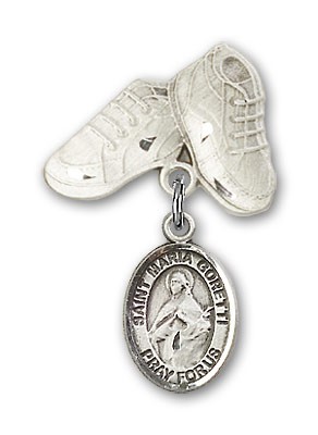 Pin Badge with St. Maria Goretti Charm and Baby Boots Pin - Silver tone