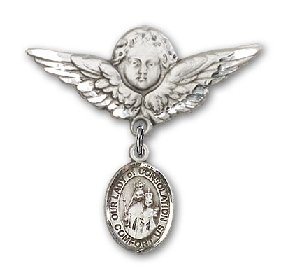 Pin Badge with Our Lady of Consolation Charm and Angel with Larger Wings Badge Pin - Silver tone