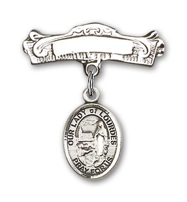 Pin Badge with Our Lady of Lourdes Charm and Arched Polished Engravable Badge Pin - Silver tone