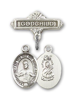 Baby Badge with Scapular Charm and Godchild Badge Pin - Silver tone