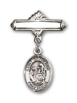 Pin Badge with St. Catherine of Siena Charm and Polished Engravable Badge Pin - Silver tone