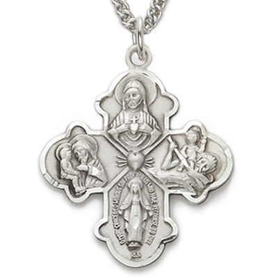 Five Way Immaculate Heart Pendant 1 inch with Chain - Silver
