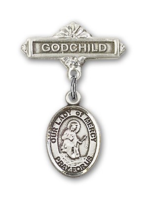 Baby Badge with Our Lady of Mercy Charm and Godchild Badge Pin - Silver tone