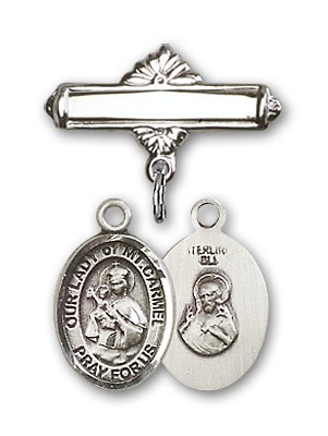 Pin Badge with Our Lady of Mount Carmel Charm and Polished Engravable Badge Pin - Silver tone