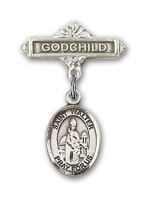 Pin Badge with St. Walter of Pontnoise Charm and Godchild Badge Pin - Silver tone