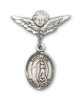 Pin Badge with St. Zoe of Rome Charm and Angel with Smaller Wings Badge Pin - Silver tone