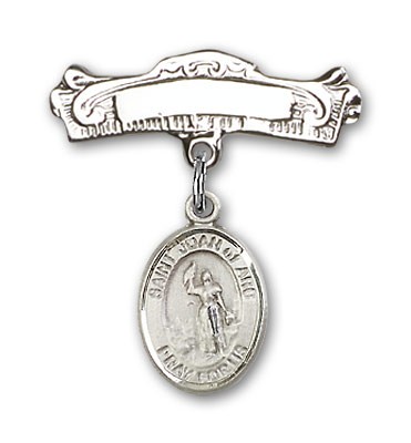 Pin Badge with St. Joan of Arc Charm and Arched Polished Engravable Badge Pin - Silver tone