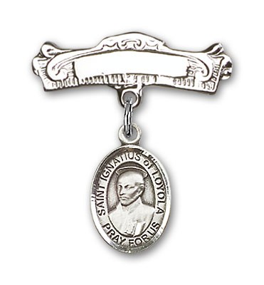 Pin Badge with St. Ignatius Charm and Arched Polished Engravable Badge Pin - Silver tone