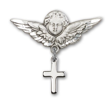 Baby Pin with Cross Charm and Angel with Larger Wings Badge Pin - Silver tone
