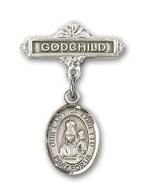 Baby Badge with Our Lady of Loretto Charm and Godchild Badge Pin - Silver tone