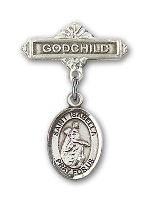 Pin Badge with St. Isabella of Portugal Charm and Godchild Badge Pin - Silver tone