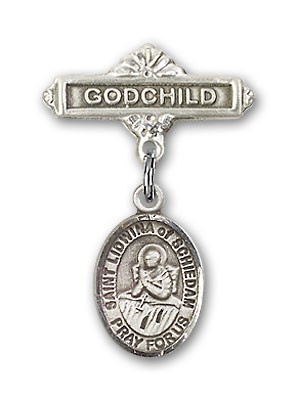 Pin Badge with St. Lidwina of Schiedam Charm and Godchild Badge Pin - Silver tone