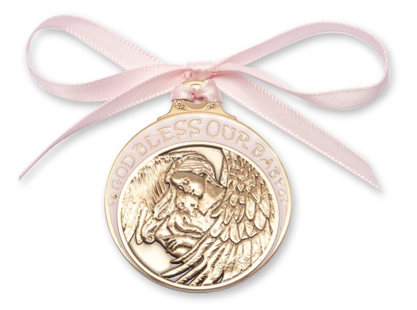 Girl's Pink Ribbon Guardian Angel Crib Medal in Brass - Pink | Gold