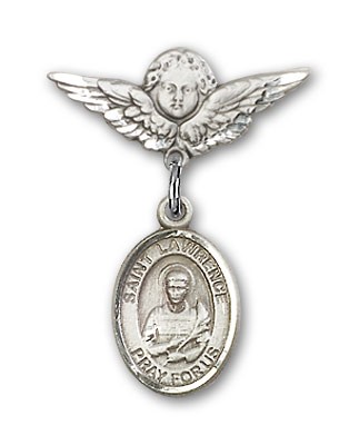 Pin Badge with St. Lawrence Charm and Angel with Smaller Wings Badge Pin - Silver tone