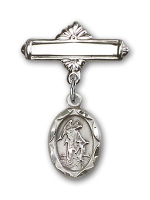 Baby Pin with Guardian Angel Charm and Polished Engravable Badge Pin - Silver tone
