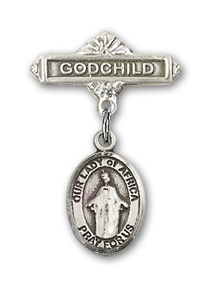 Baby Badge with Our Lady of Africa Charm and Godchild Badge Pin - Silver tone
