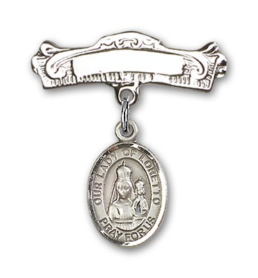 Pin Badge with Our Lady of Loretto Charm and Arched Polished Engravable Badge Pin - Silver tone