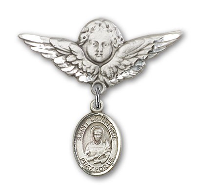 Pin Badge with St. Lawrence Charm and Angel with Larger Wings Badge Pin - Silver tone