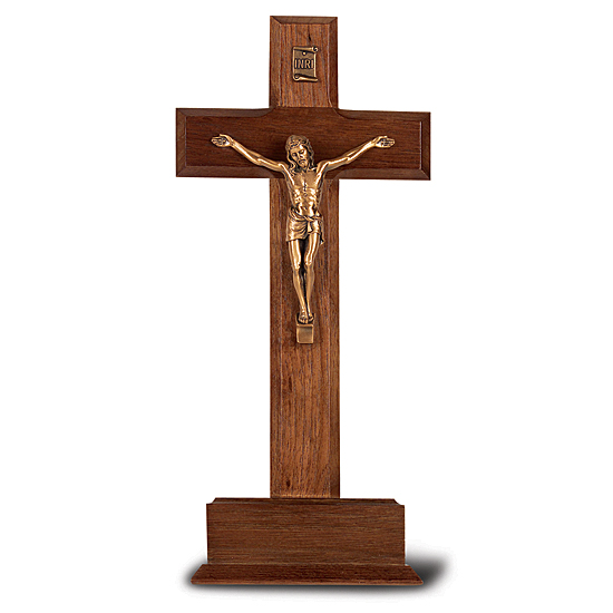 Standing Walnut Crucifix with Gold-tone Corpus and Base- 10 inch - Brown