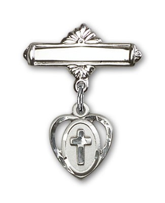 Pin Badge with Cross Charm and Polished Engravable Badge Pin - Silver tone
