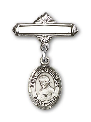 Pin Badge with St. John Neumann Charm and Polished Engravable Badge Pin - Silver tone