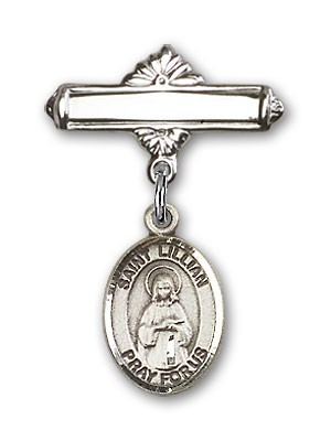 Pin Badge with St. Lillian Charm and Polished Engravable Badge Pin - Silver tone