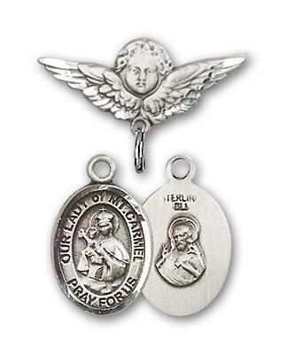 Pin Badge with Our Lady of Mount Carmel Charm and Angel with Smaller Wings Badge Pin - Silver tone