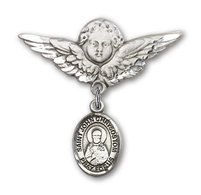Pin Badge with St. John Chrysostom Charm and Angel with Larger Wings Badge Pin - Silver tone