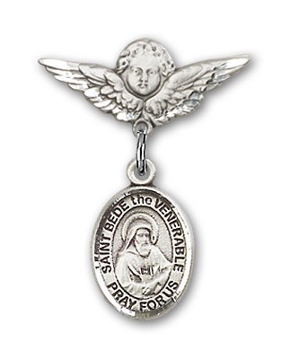 Pin Badge with St. Bede the Venerable Charm and Angel with Smaller Wings Badge Pin - Silver tone