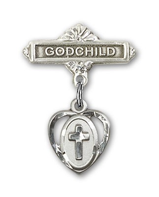 Baby Badge with Heart Shaped Cross Charm and Godchild Badge Pin - Silver tone