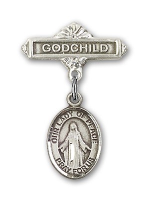 Baby Badge with Our Lady of Peace Charm and Godchild Badge Pin - Silver tone