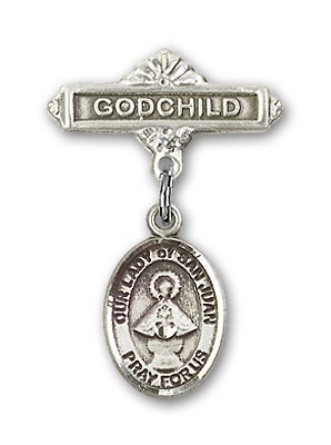 Baby Badge with Our Lady of San Juan Charm and Godchild Badge Pin - Silver tone