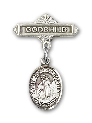 Pin Badge with St. John the Baptist Charm and Godchild Badge Pin - Silver tone