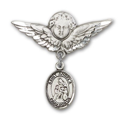 Pin Badge with St. Angela Merici Charm and Angel with Larger Wings Badge Pin - Silver tone