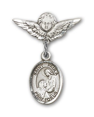 Pin Badge with St. Paula Charm and Angel with Smaller Wings Badge Pin - Silver tone