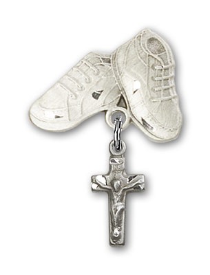 Baby Badge with Crucifix Charm and Baby Boots Pin - Silver tone