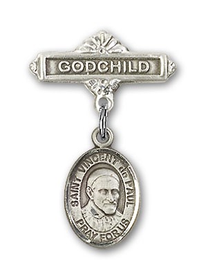 Pin Badge with St. Vincent de Paul Charm and Godchild Badge Pin - Silver tone