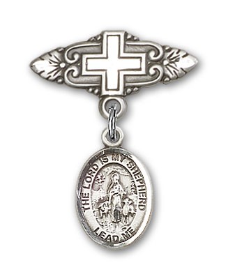 Pin Badge with Lord Is My Shepherd Charm and Badge Pin with Cross - Silver tone