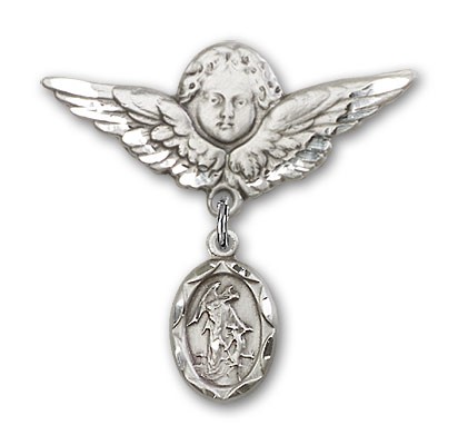 Baby Pin with Guardian Angel Charm and Angel with Larger Wings Badge Pin - Silver tone