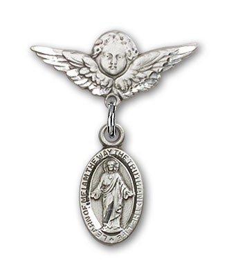 Pin Badge with Scapular Charm and Angel with Smaller Wings Badge Pin - Silver tone