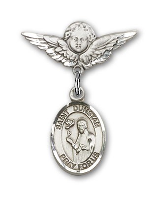 Pin Badge with St. Dunstan Charm and Angel with Smaller Wings Badge Pin - Silver tone