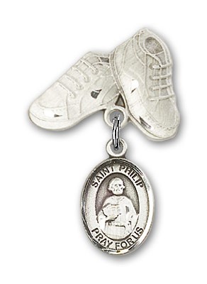 Pin Badge with St. Philip the Apostle Charm and Baby Boots Pin - Silver tone