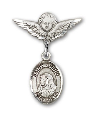 Pin Badge with St. Bruno Charm and Angel with Smaller Wings Badge Pin - Silver tone