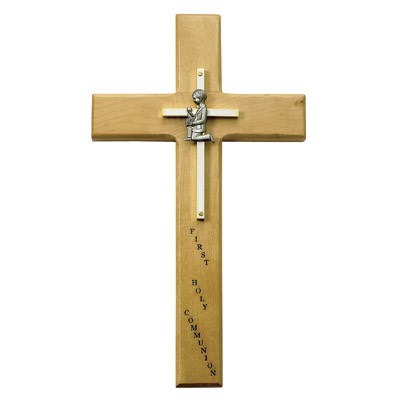 First Communion Boy's Maple Wood Cross - 10 inch - Brown