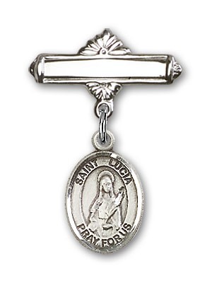 Pin Badge with St. Lucia of Syracuse Charm and Polished Engravable Badge Pin - Silver tone