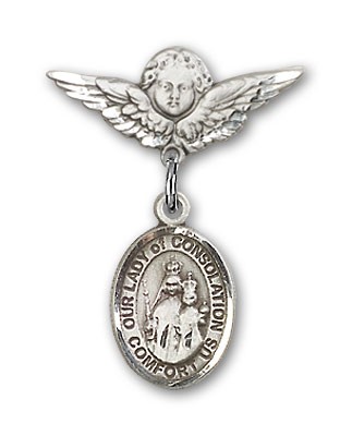Pin Badge with Our Lady of Consolation Charm and Angel with Smaller Wings Badge Pin - Silver tone