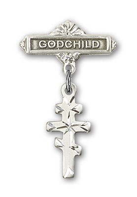 Baby Badge with Greek Orthodox Cross Charm and Godchild Badge Pin - Silver tone